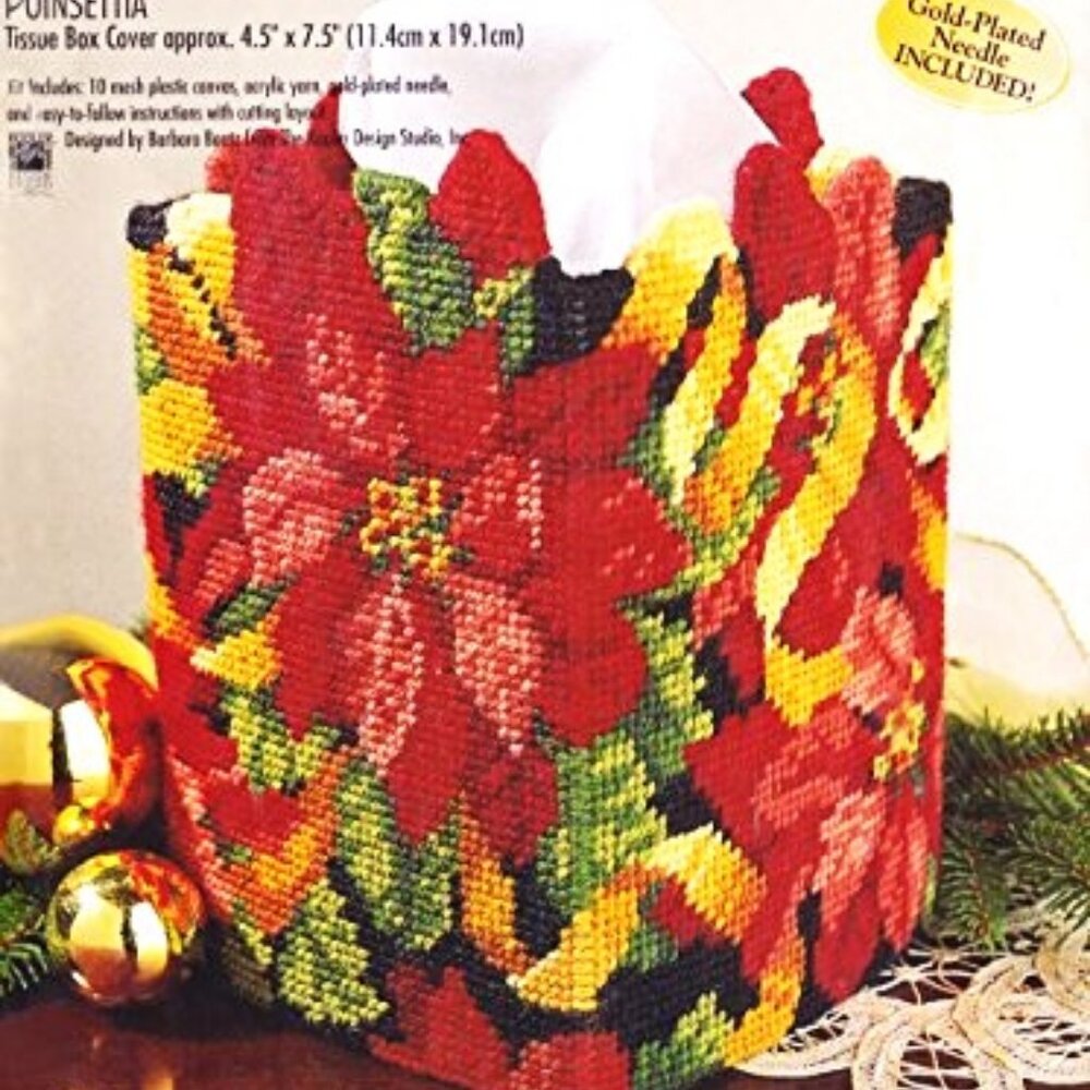 Bucilla Poinsettia Christmas Tissue Box Cover Needle Point kit  # 61245 VTG